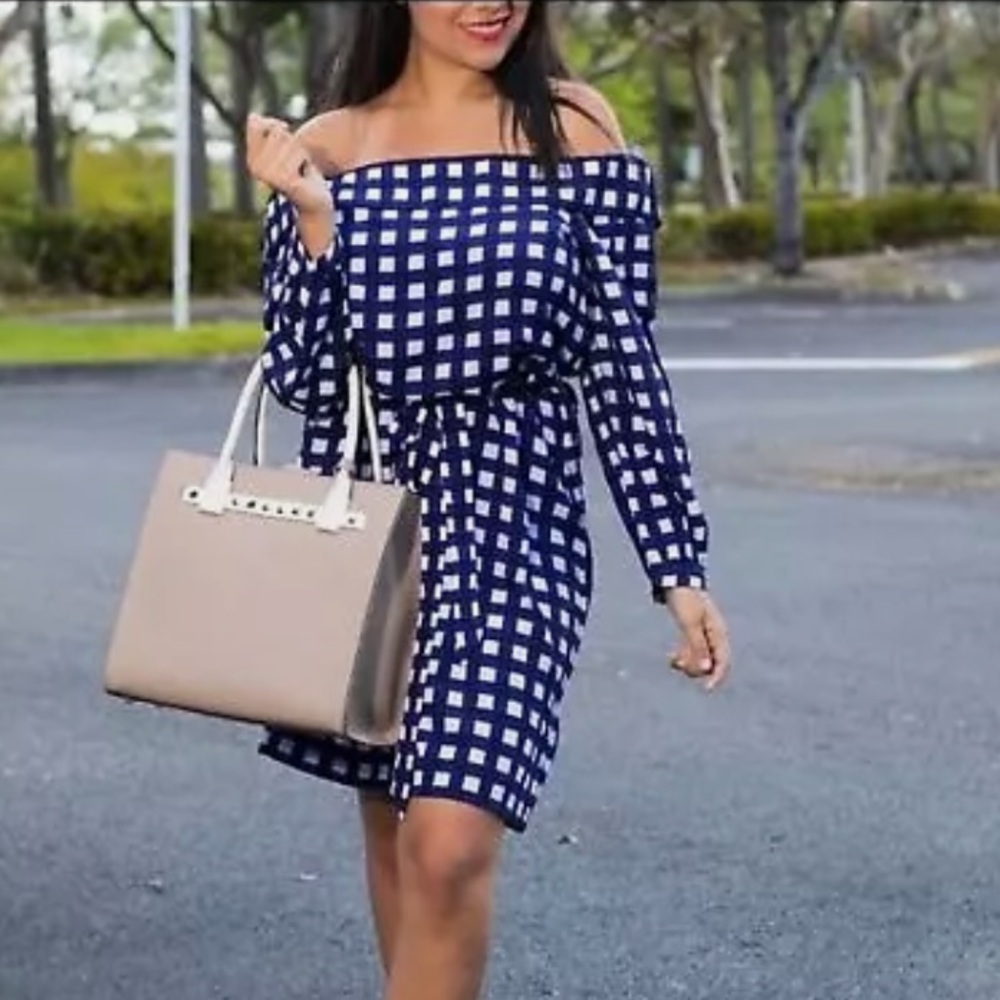 NWT Banana Republic Off Shoulder Navy Gingham Dress L
